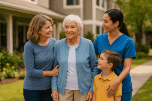 Smiling senior woman walking with her family and caregiver at The Lodge Retirement Community in Sisters, Oregon